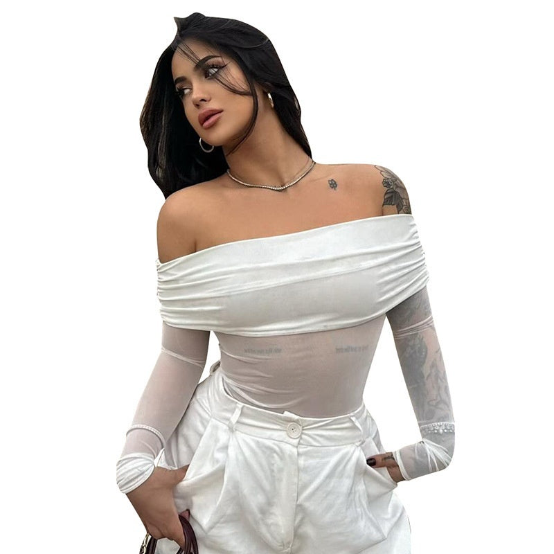 Pure Color Mesh Stitching Off-neck Collarbone Slim Fit Slimming Top Women's Clothing