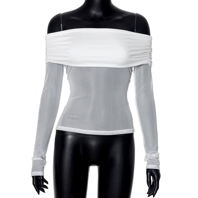 Pure Color Mesh Stitching Off-neck Collarbone Slim Fit Slimming Top Women's Clothing