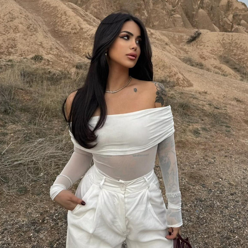 Pure Color Mesh Stitching Off-neck Collarbone Slim Fit Slimming Top Women's Clothing